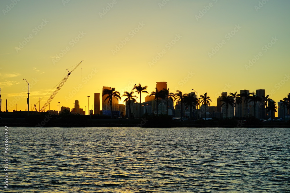 Miami downtown and beach at sun set