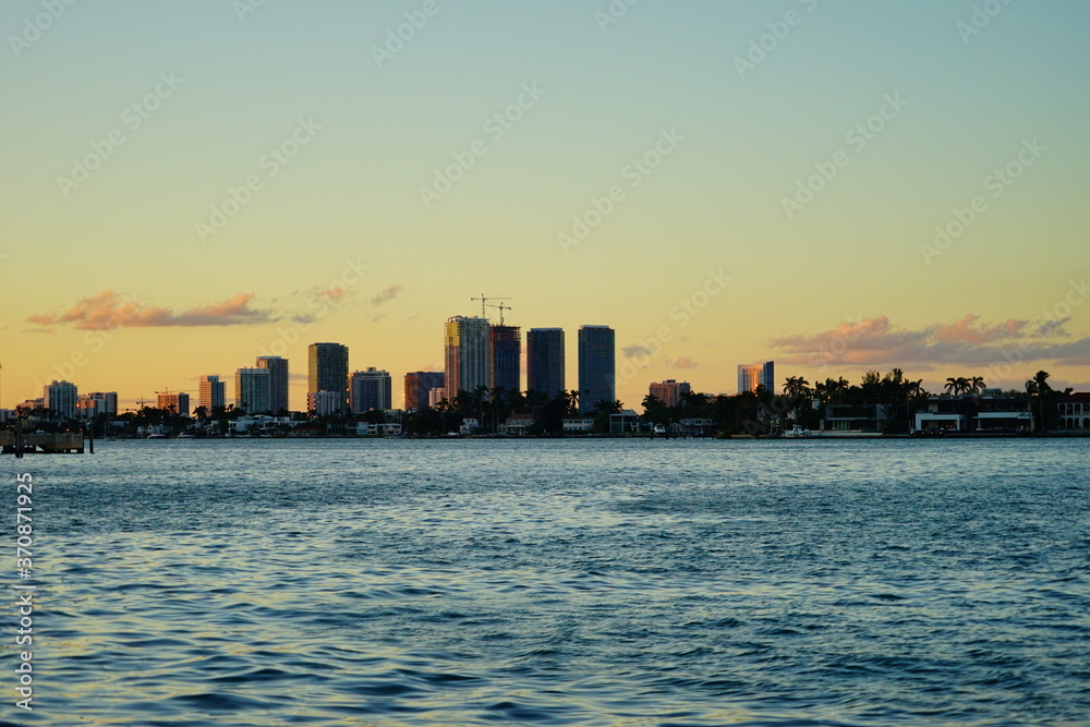 Miami downtown skyscrapers at sun set
