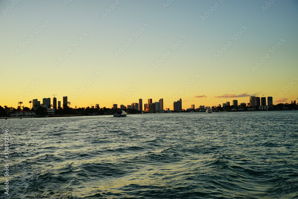 Miami downtown and south beach at sun set	