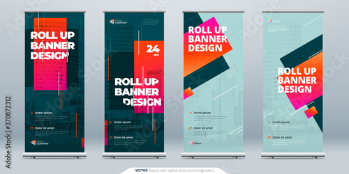 Business Roll Up Banner. Abstract Roll up background for Presentation. Vertical roll up, x-stand, exhibition display, Retractable banner stand or flag design layout for conference, forum.