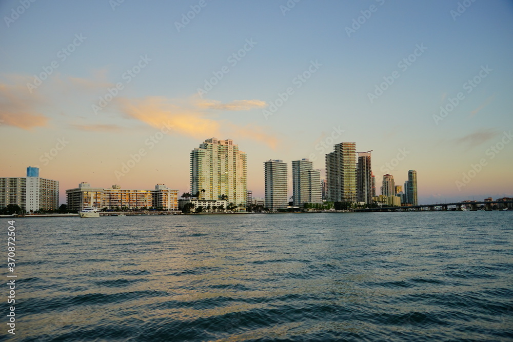 Miami downtown skyscrapers at sun set