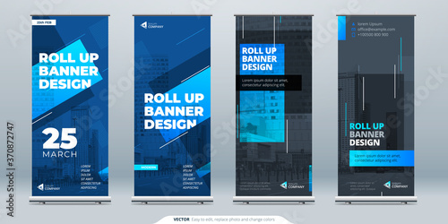 Blue Business Roll Up Banner. Abstract Roll up background for Presentation. Vertical roll up, x-stand, exhibition display, Retractable banner stand or flag design layout for conference, forum.