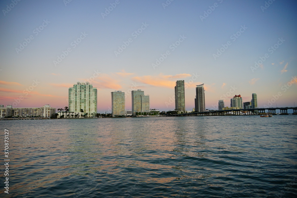 Miami downtown and beach at sun set	