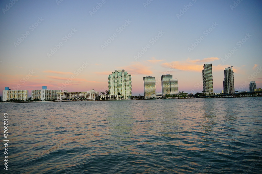 Miami downtown and beach at sun set	