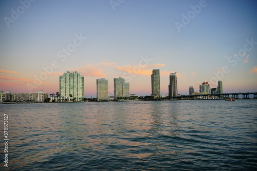 Miami downtown and beach at sun set 