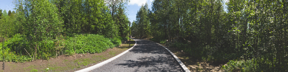 Obraz premium Footpath in the park. pathway with curbstone. green plants and trees. panoramic view