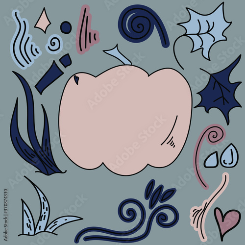 Doodle pink pumpkin on gray background and cute design elements  vector hand draw illustration