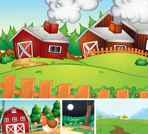 Set of different farm scenes cartoon style
