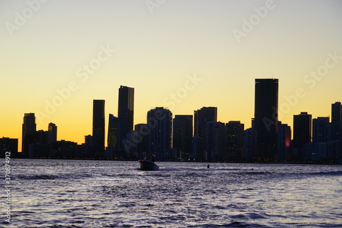 Miami downtown and beach at sun set  