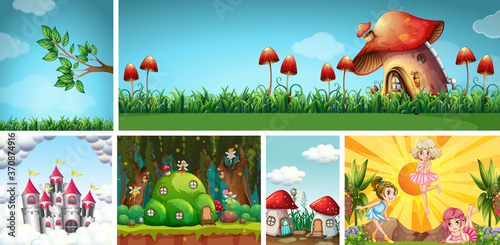 Six different scene of fantasy world with fantasy places and fantasy characte...