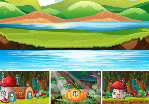 Four different scene of fantasy world with fantasy places such as pumpkin hou...