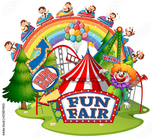 Scene with monkeys at fun fair on white background