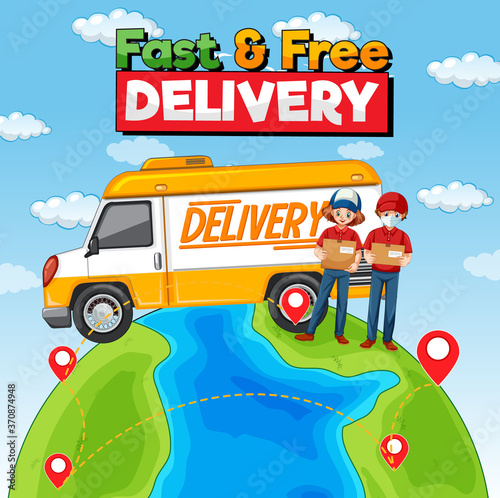 Fast and free delivery logo with delivery truck on the earth