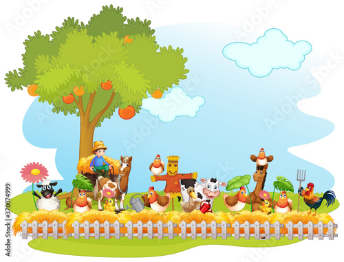 Group of domestic animals in a farm isolated