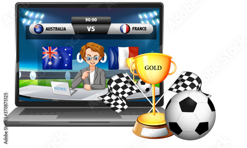 Football match score news on laptop screen with trophy and ball isolated