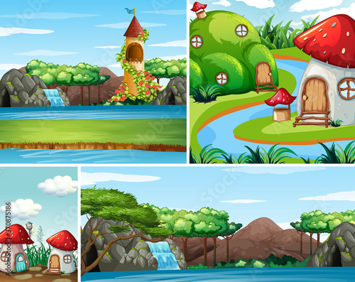 Four different scene of fantasy world with beautiful fairies in the fairy tal...