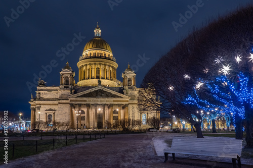 Saint Petersburg. Russia. St. Isaac's Cathedral. The tree is decorated with Christmas garlands. St. Isaac's Cathedral on Christmas night. New Year decorations in St. Petersburg. Christmas in Russia