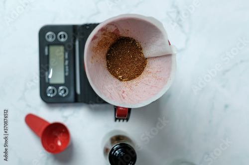 Thandland Bangkok 8 Aug 2020 :Top view of finely ground coffee beans in a dripper.