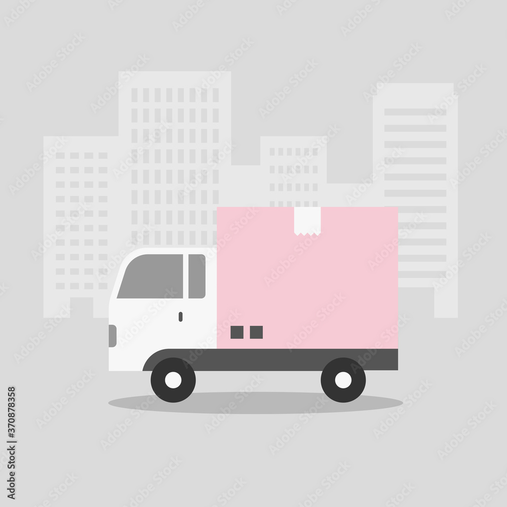 Delivery truck and building vector illustration.