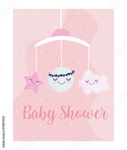 baby shower, cute crib mobile with cloud moon and star cartoon, theme invitation card