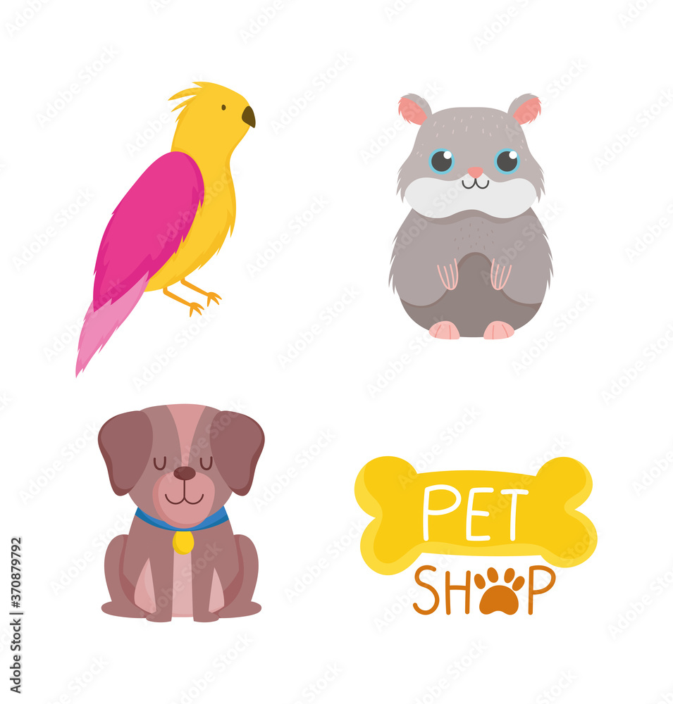 Fototapeta premium pet shop, cute dog hamster bird bone icons cartoon white background