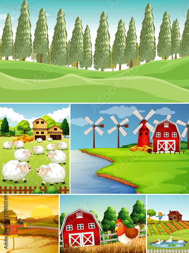 Set of different farm scenes with animal farm cartoon style