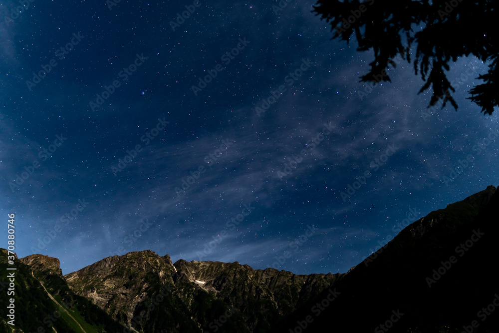 夏の上高地で夜の景色を撮影した山からの星空