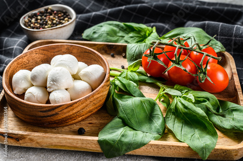 Mini mozzarella cheese, Basil leaves and cherry tomatoes, cooking Caprese salad. gray background. top view