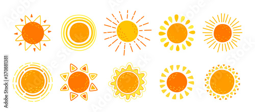 Sun flat set. Hand drawn cute suns. Funny yellow childish sunny collection. Yellow bright abstract sun with sunbeams cartoon summer. For poster, print, card or books. Isolated vector illustration