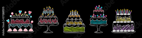 Birthday cakes linear flat set. Cartoon chalk graphic line delicious dessert. Party pie element, candles and chocolate slices, cream sweets. Vector illustration isolated on black background