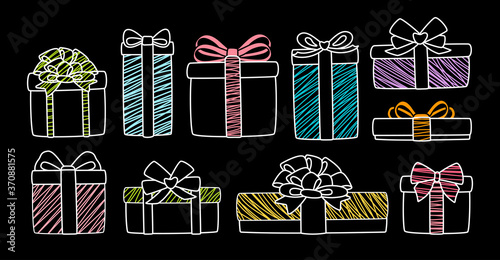 Present box flat chalk graphic set. Colorful modern gift. Cartoon boxes different shapes, ribbon bows. Presents package collection, Birthday, anniversary, celebration party. Vector illustration