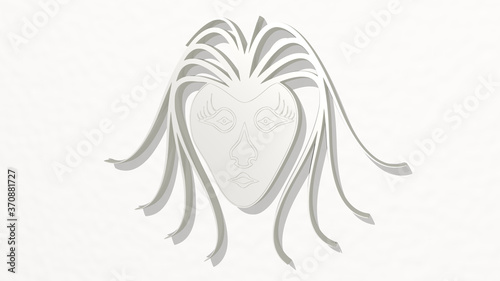 woman in spider on the wall. 3D illustration of metallic sculpture over a white background with mild texture. beautiful and young