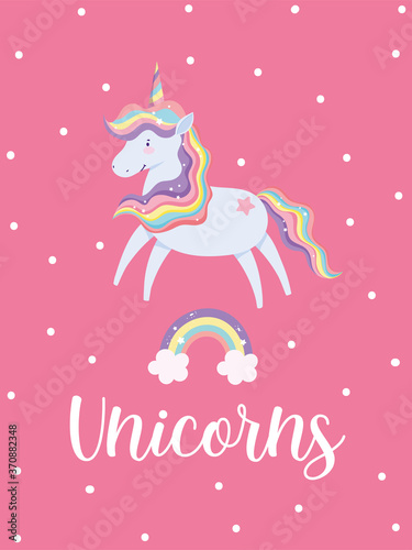 cute unicorn cartoon rainbow hair tail clouds magic card