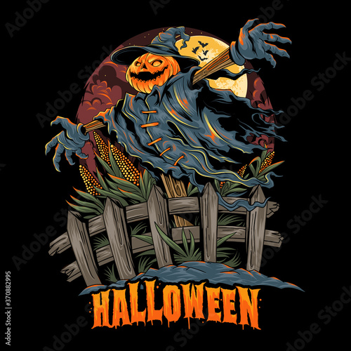 Halloween pumpkin-headed scarecrow, looks spooky and colorful. editable layers vector artwork