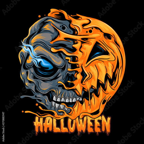 Halloween pumpkin half skull, looks spooky and cool. editable layers vector artwork