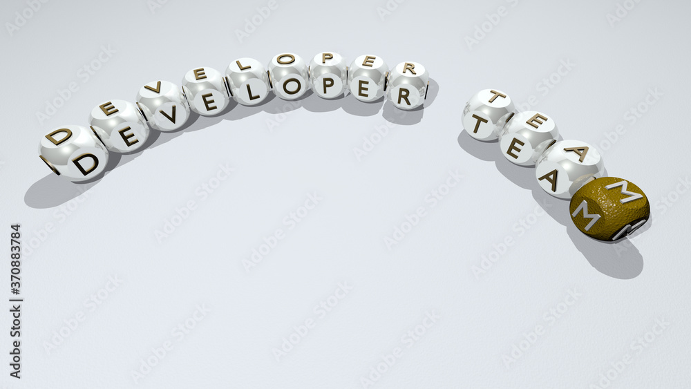 crosswords of DEVELOPER TEAM arranged by cubic letters on a mirror floor, concept meaning and presentation. business and illustration crosswords of DEVELOPER TEAM arranged by cubic letters on a mirror floor, concept meaning and presentation. business and illustration
