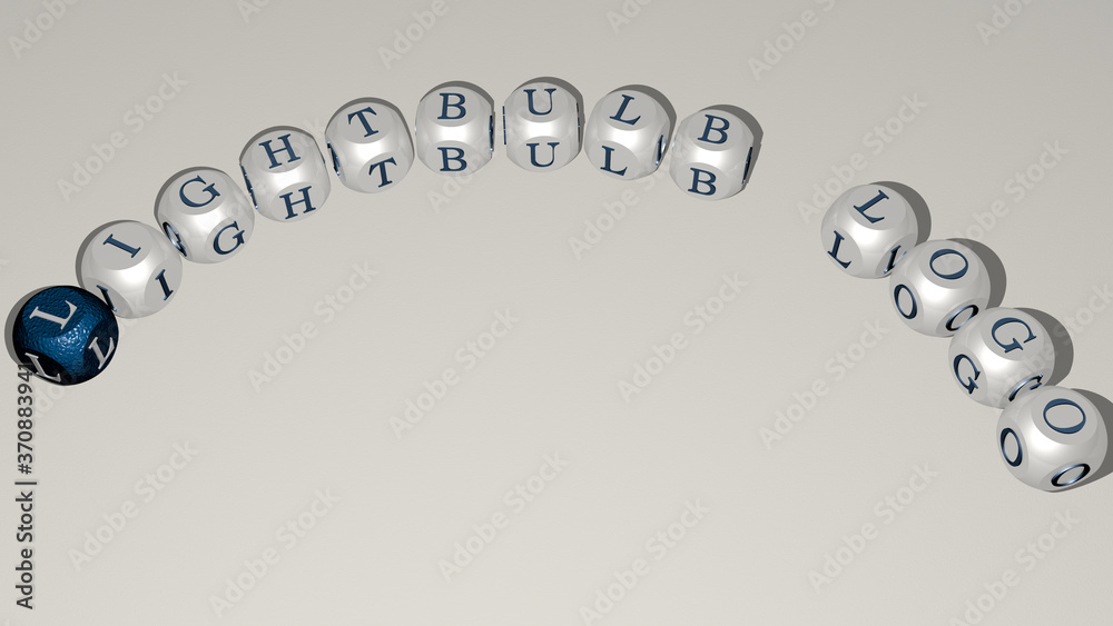 LIGHTBULB LOGO text of dice letters with curvature. 3D illustration. concept and idea LIGHTBULB LOGO text of dice letters with curvature. 3D illustration. concept and idea