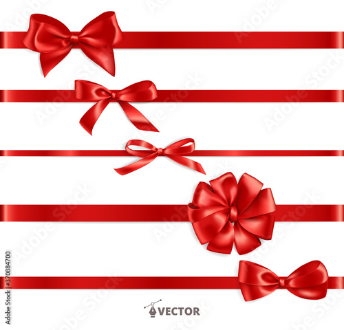 Realistic gift bow. Red ribbon isolated on white. Vector holiday decoration. Great for christmas and birthday cards, valentine or shopping sale banners. Easy to change colors and reposition the bow.