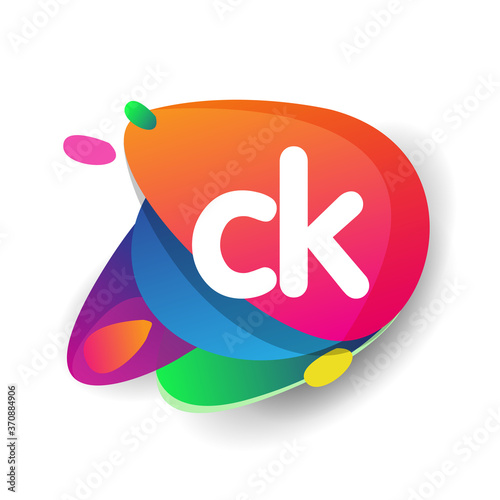 Letter CK logo with colorful splash background, letter combination logo design for creative industry, web, business and company.