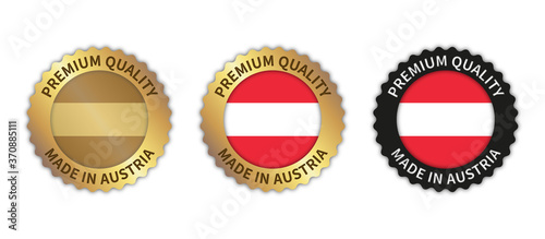 Set of 3 "Made in Austria" vector icons. Illustration with transparent background. Country flag encircled with gold/black stamp. Sticker/logo for product/website.