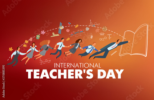 International Teachers Day. The teacher flies into the book-portal and pulls a group of students with him. Allegory of gaining knowledge. School attributes around. Festive illustration