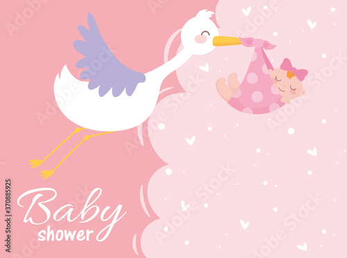 baby shower, stork with little girl welcome newborn celebration card