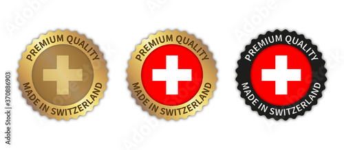 Set of 3 "Made in Switzerland" vector icons. Illustration with transparent background. Country flag encircled with gold/black stamp. Sticker/logo for product/website.