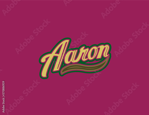 First name Aaron designed in a gold athletic script outlined in forest green with burgundy background. Great for personalization.