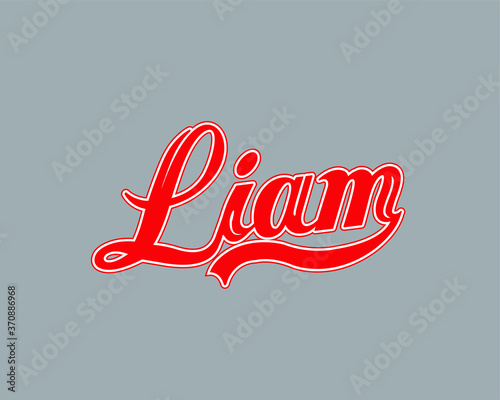 First name Liam designed in a red athletic script with gray background. Great for personalization.