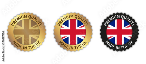 Set of 3 "Made in the UK" vector icons. Illustration with transparent background. Country flag encircled with gold/black stamp. Sticker/logo for product/website.