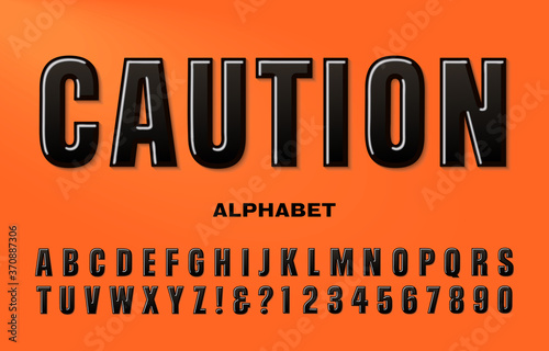 A Black Condensed Sans Serif Alphabet. Caution is a Strong Bold Font that would Work Well on Road Construction Signs or Danger Warning Signs in an Industrial, Factory, or Machine Shop Location.