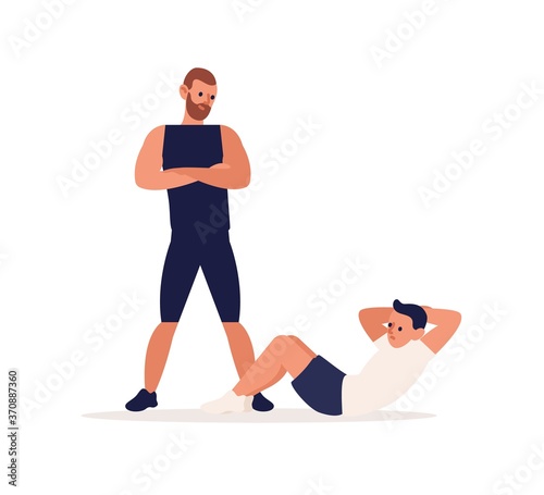 Flat vector cartoon illustration isolated on white background. Personal training, coaching man in sport gym, doing abdominal crunches, workout, warmup. Physical flexing exercise, bodybuilding