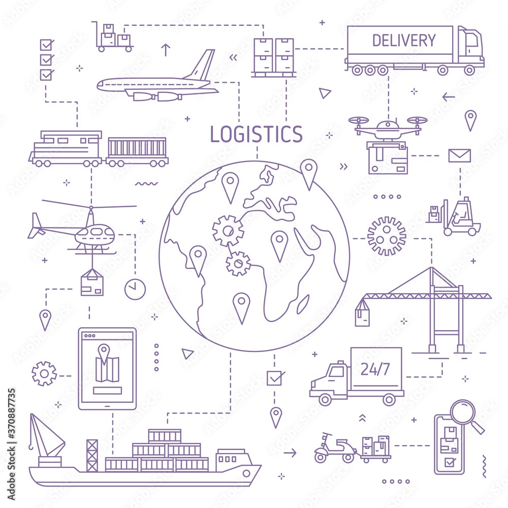 Fototapeta premium Logistics concept with freight vehicle, transport deliver trade goods. Cargo transportation, international delivery, worldwide, global shipping.Monochrome vector illustration in modern line art style.