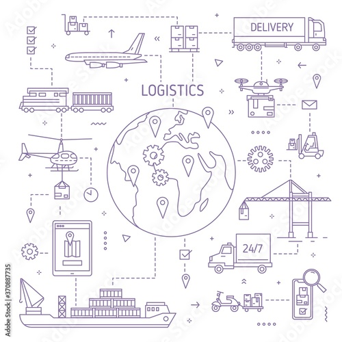 Logistics concept with freight vehicle, transport deliver trade goods. Cargo transportation, international delivery, worldwide, global shipping.Monochrome vector illustration in modern line art style.